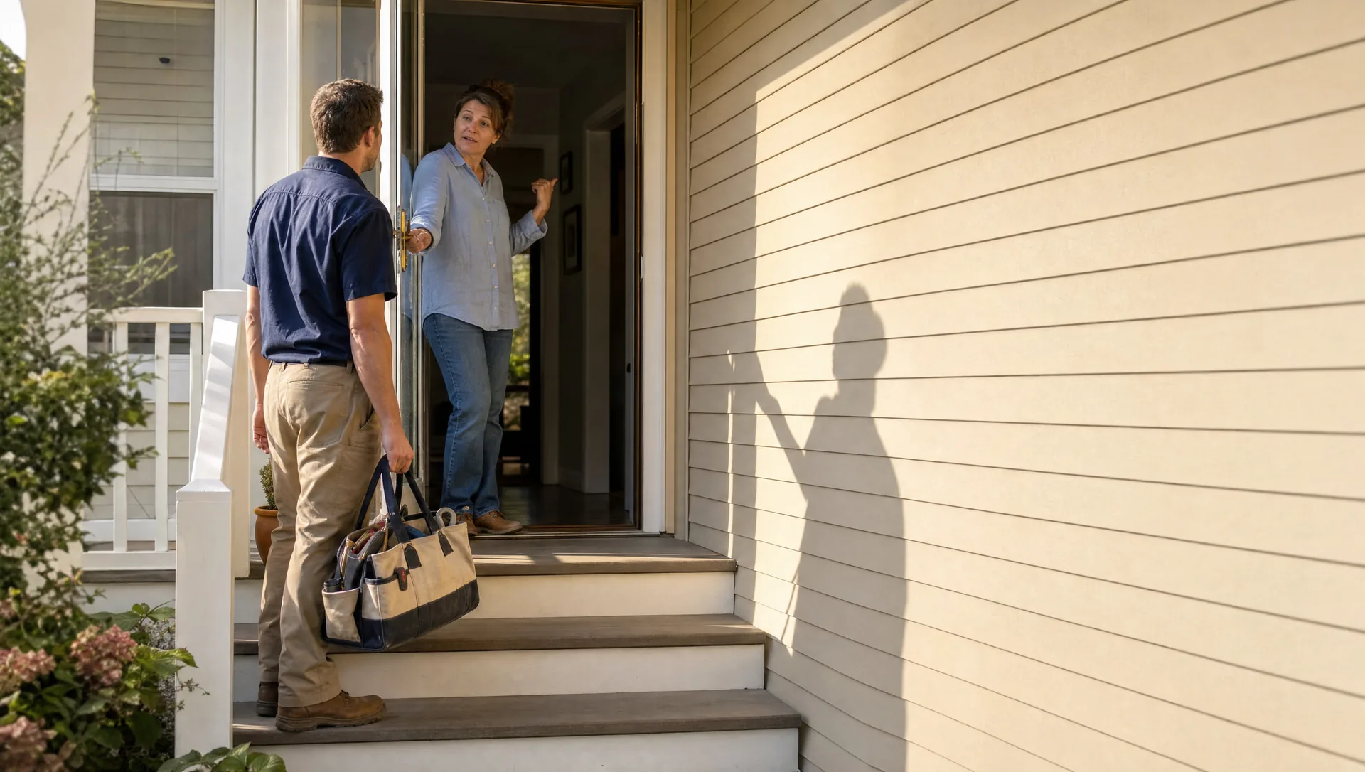 Photograph of a plumber with a tool bag arriving at a front door as the homeowner opens it