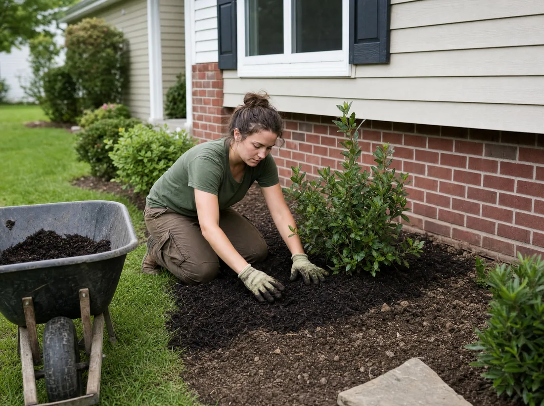 Landscaper kneeling in a garden bed, both gloved hands laying a mulch line along a shrub