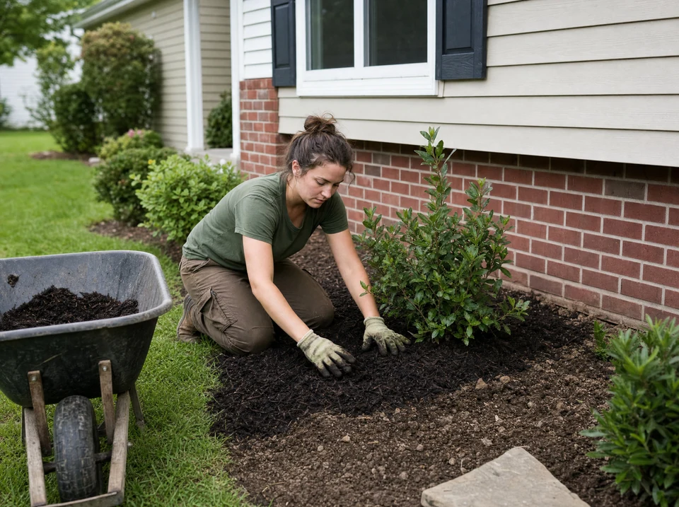 Photograph of a landscaper spreading mulch around a shrub beside a wheelbarrow