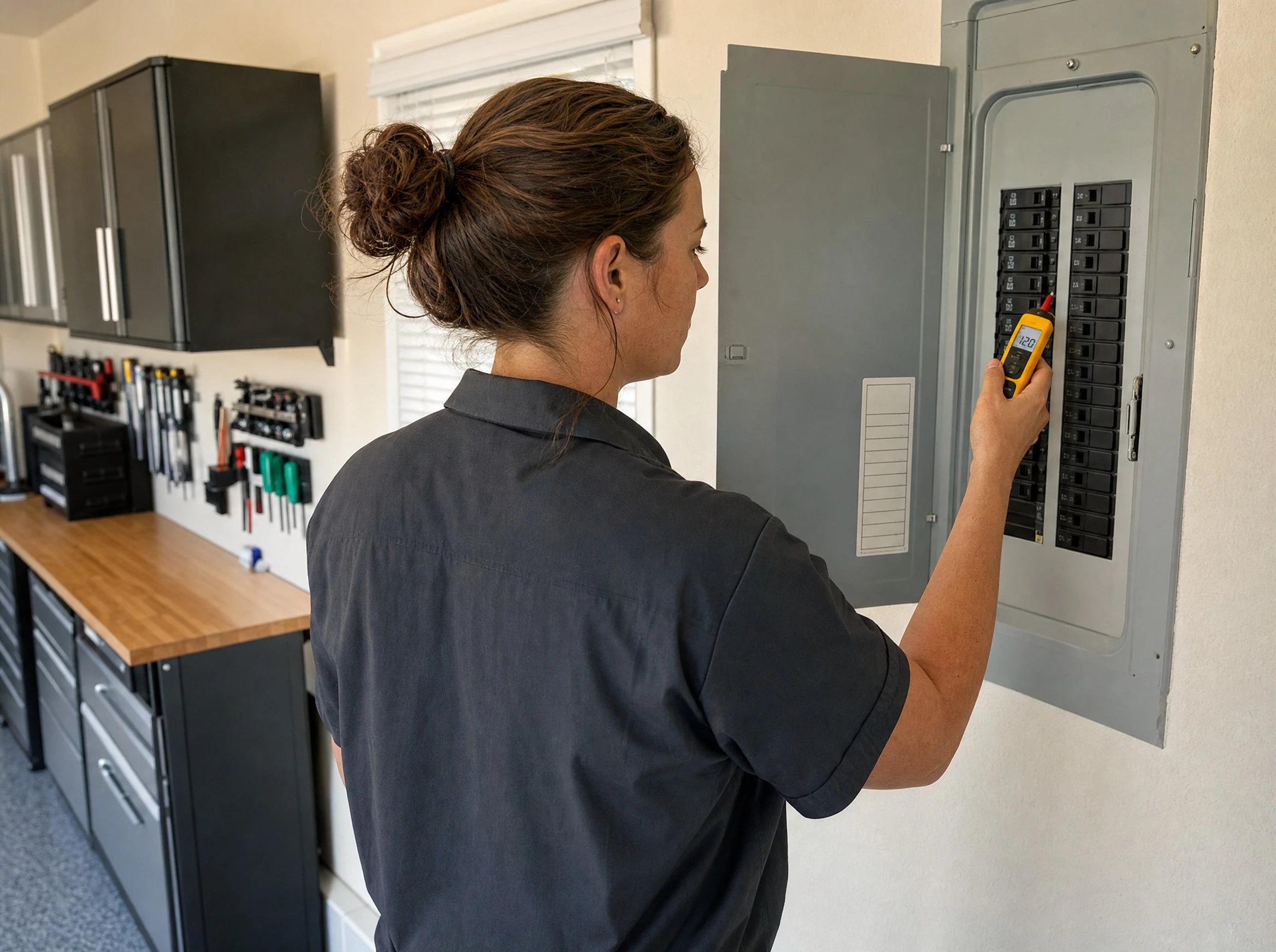 Electrician in profile testing a live breaker panel with a voltage tester