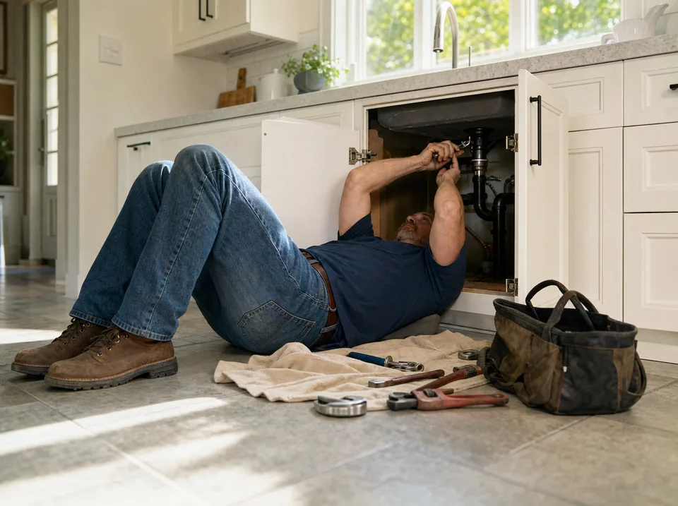 Plumber lying on his back under a kitchen sink with both hands on the trap