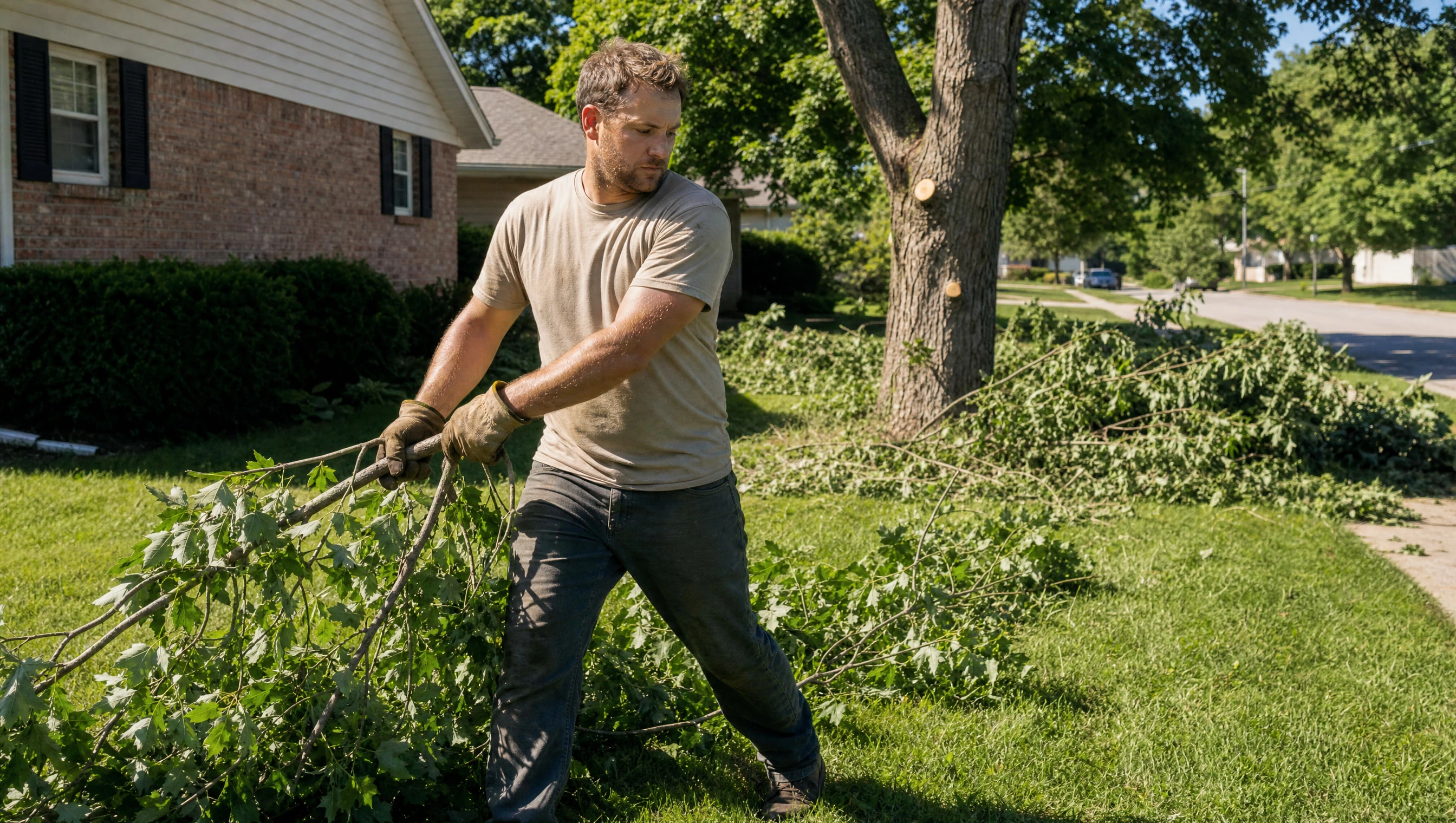 Tree service worker in gloves dragging cut limbs across a front lawn, head turned down to the load